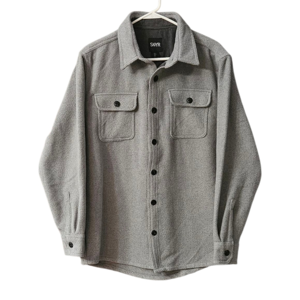 Skyr Men's Long Sleeve Button Up Shirt NWOT Size L Gray Polyester Wool Blend